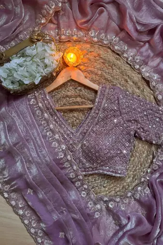 Lavender Color real beads work chiffon saree  