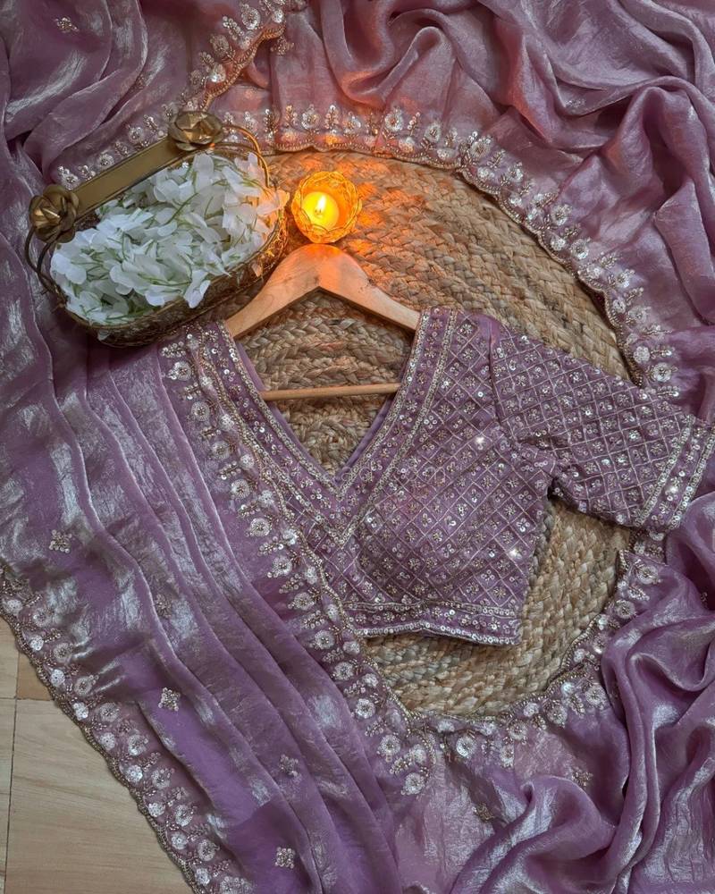 Lavender Color real beads work chiffon saree  