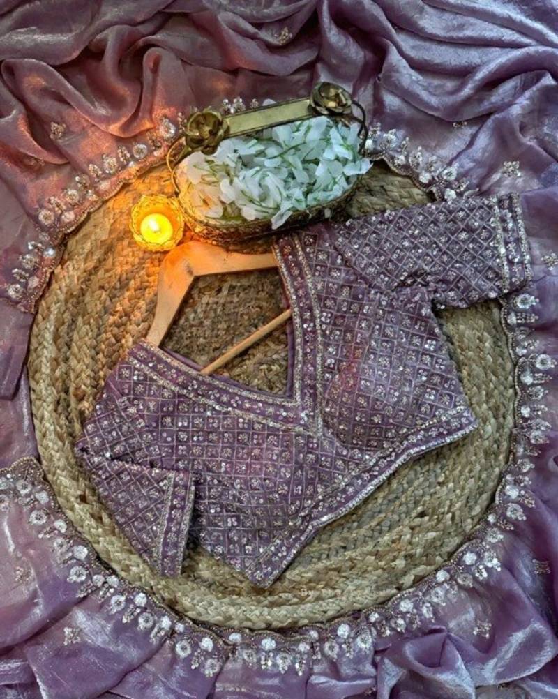 Lavender Color real beads work chiffon saree  