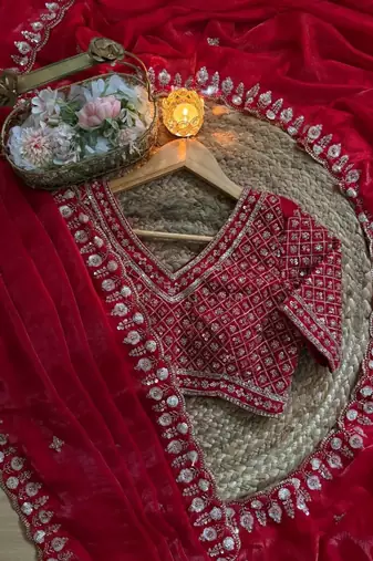Red Color real beads work chiffon saree  