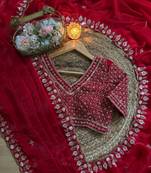Red Color real beads work chiffon saree  