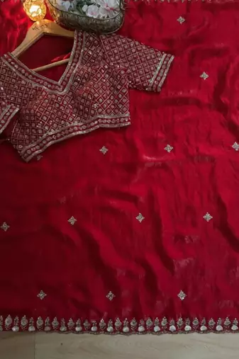 Red Color real beads work chiffon saree  