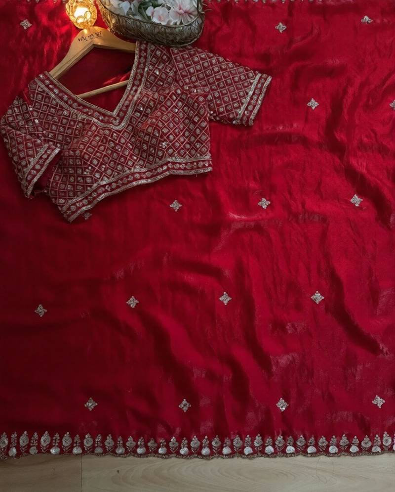 Red Color real beads work chiffon saree  