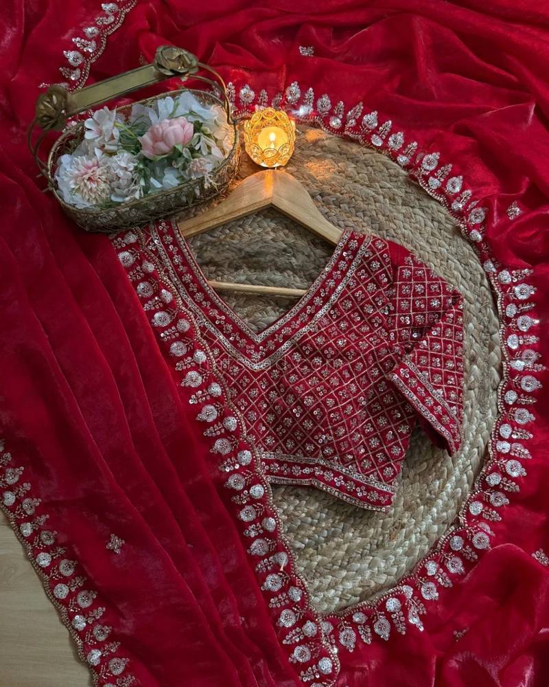 Red Color real beads work chiffon saree  