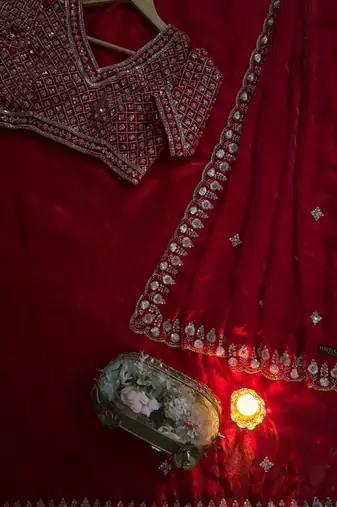Red Color real beads work chiffon saree  