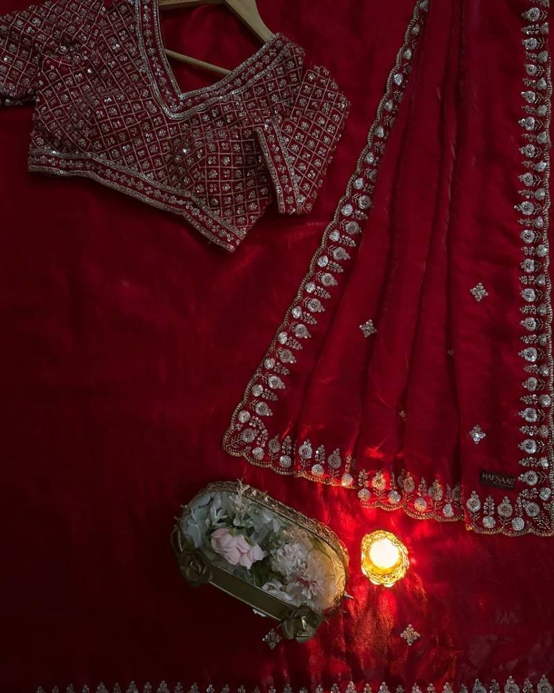 Red Color real beads work chiffon saree  