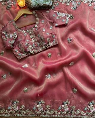 Pink Color embroidery sequence work  chiffon saree  1