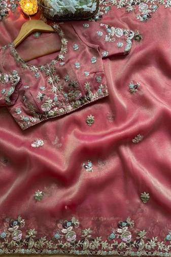 Pink Color embroidery sequence work  chiffon saree 