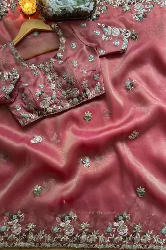 Pink Color embroidery sequence work  chiffon saree 