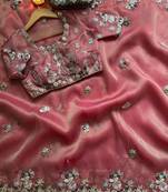 Pink Color embroidery sequence work  chiffon saree 
