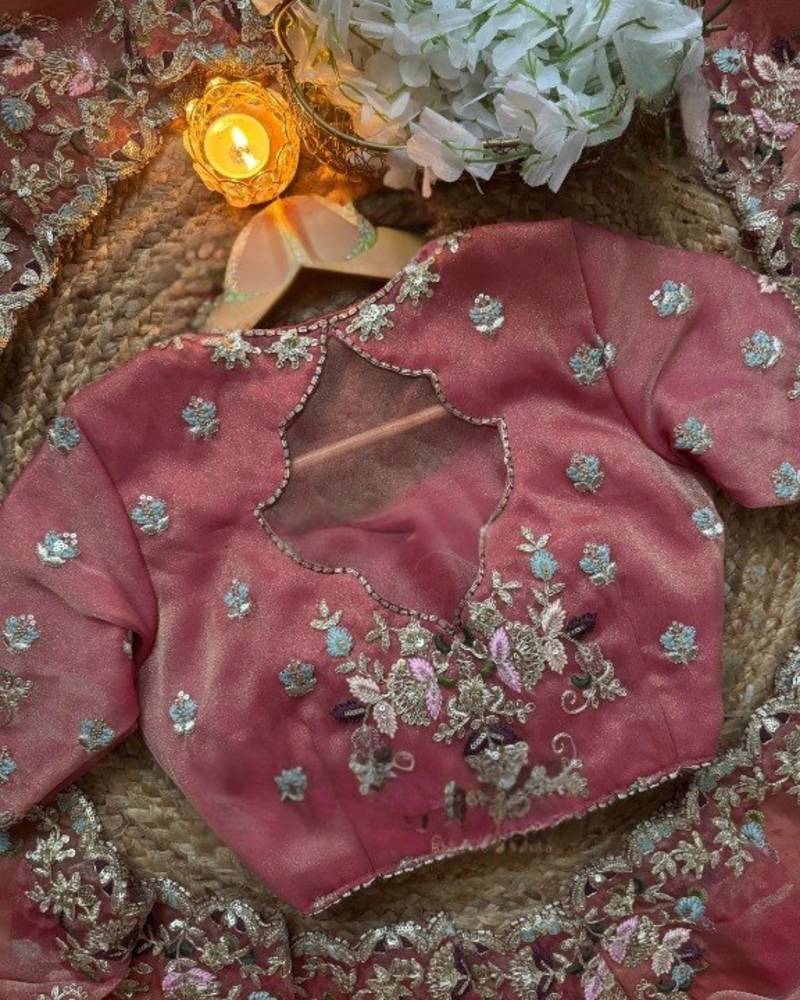 Pink Color embroidery sequence work  chiffon saree 