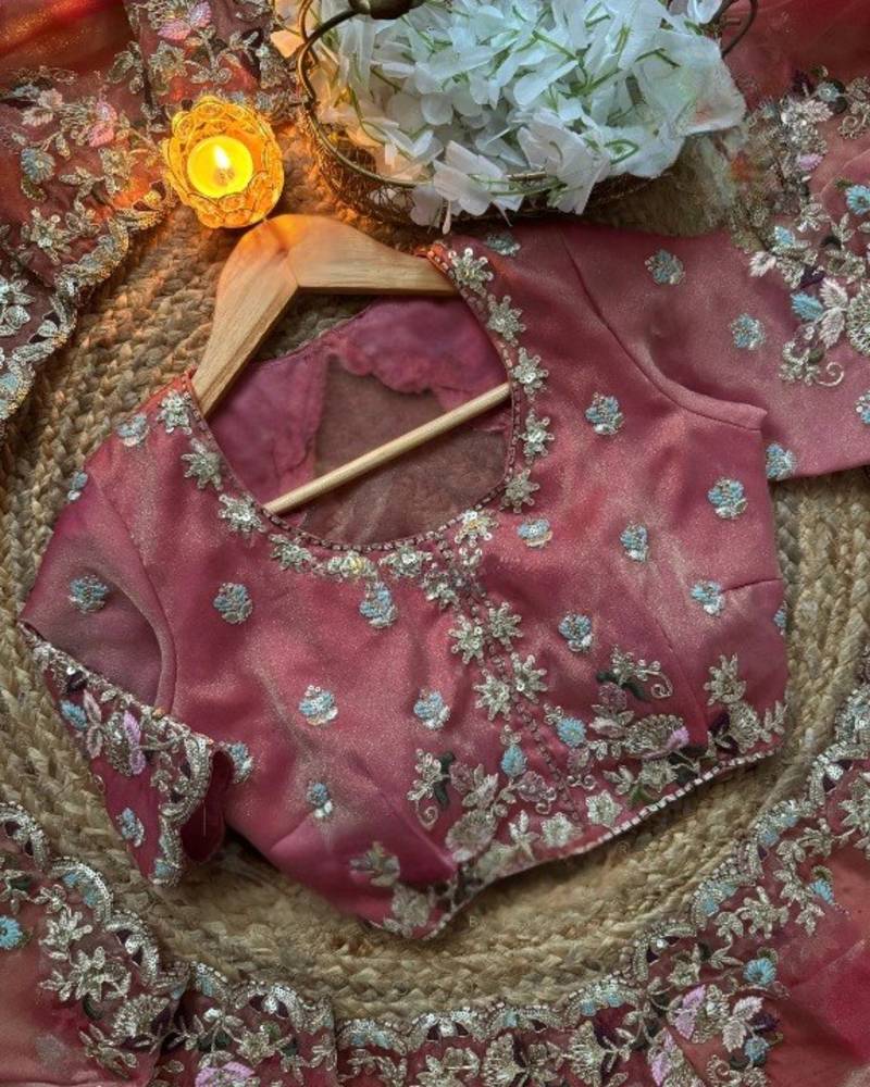 Pink Color embroidery sequence work  chiffon saree 