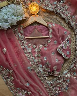 Pink Color embroidery sequence work  chiffon saree  4