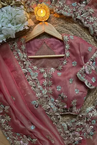 Pink Color embroidery sequence work  chiffon saree 