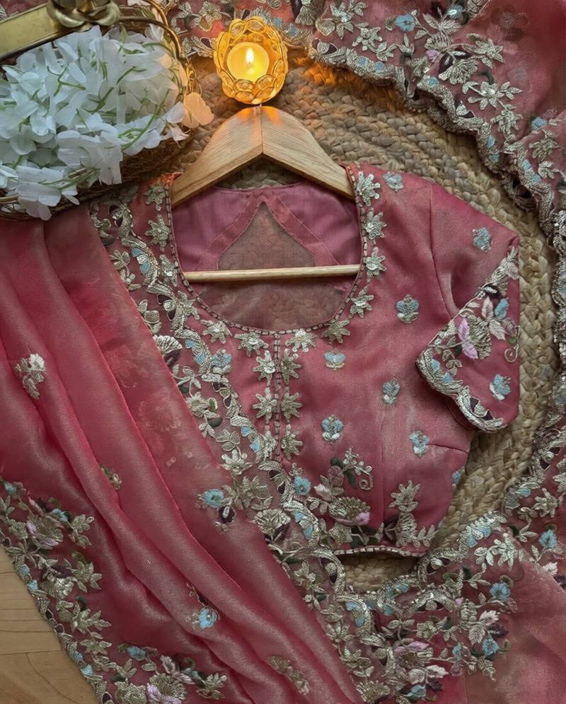 Pink Color embroidery sequence work  chiffon saree 