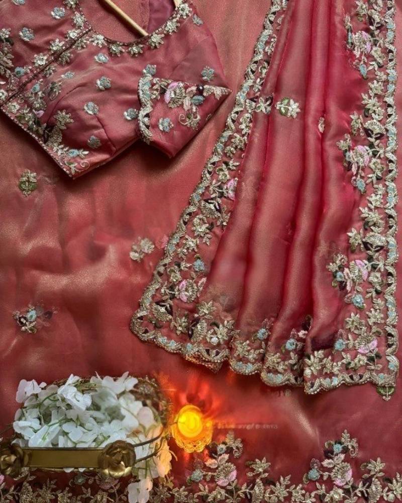 Pink Color embroidery sequence work  chiffon saree 