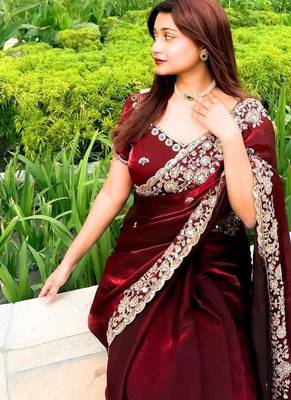 Maroon Color beads work chiffon saree 2