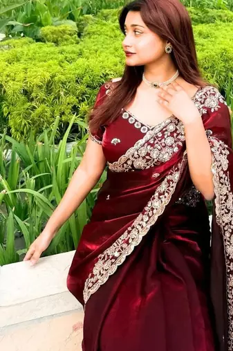 Maroon Color beads work chiffon saree