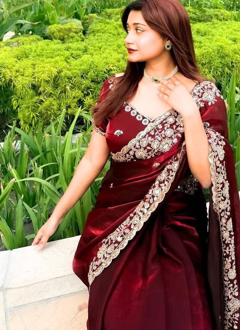 Maroon Color beads work chiffon saree