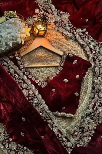 Maroon Color beads work chiffon saree