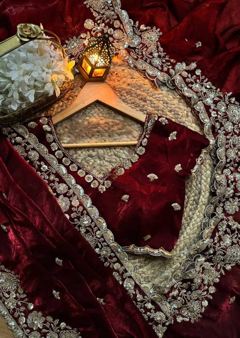 Maroon Color beads work chiffon saree