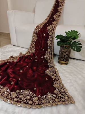 Maroon Color beads work chiffon saree 1