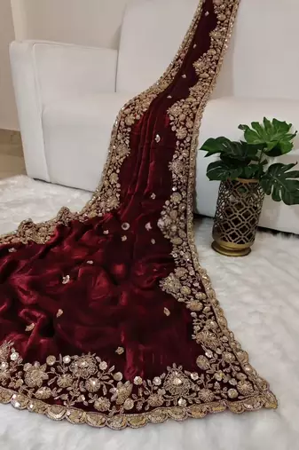 Maroon Color beads work chiffon saree