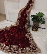 Maroon Color beads work chiffon saree