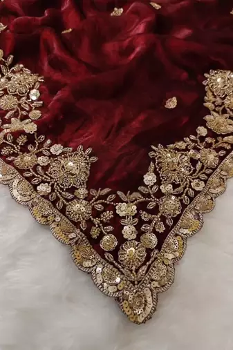 Maroon Color beads work chiffon saree
