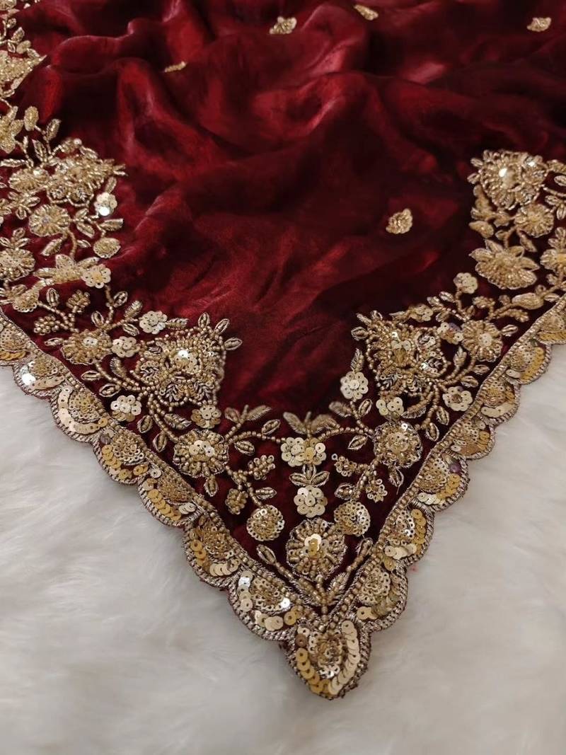 Maroon Color beads work chiffon saree