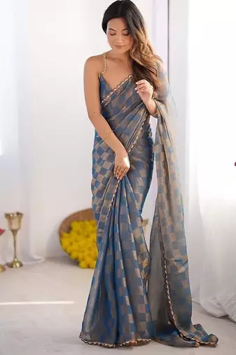 Grey Color zarkhan work  chiffon Saree