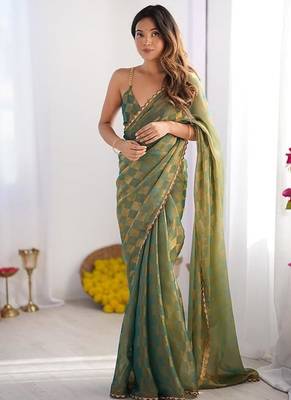 Olive Color zarkhan work  chiffon Saree 1