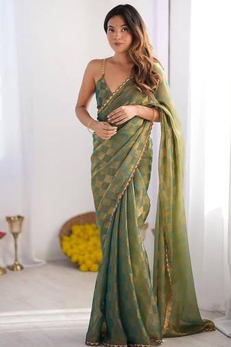 Olive Color zarkhan work  chiffon Saree