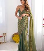 Olive Color zarkhan work  chiffon Saree