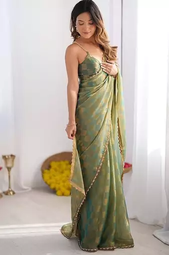 Olive Color zarkhan work  chiffon Saree