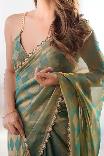 Olive Color zarkhan work  chiffon Saree