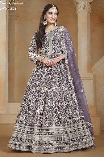 LAVENDER COLOR CORDING WORK HEAVY NET SEMI STICHED DESIGNER GOWN 