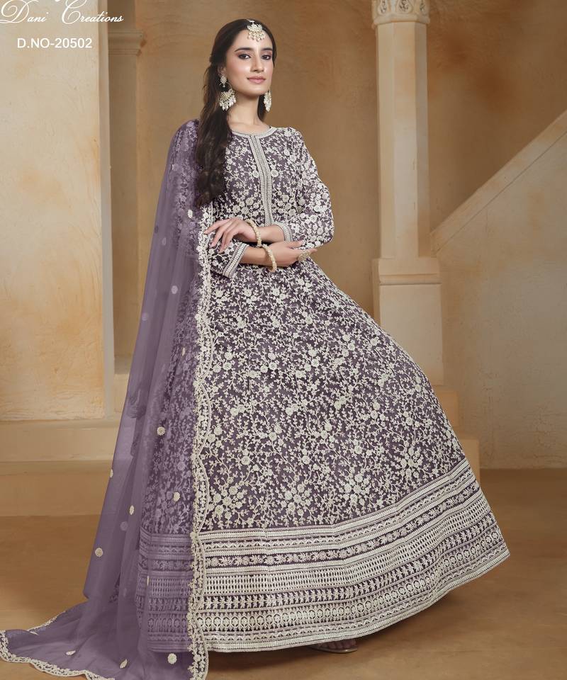 LAVENDER COLOR CORDING WORK HEAVY NET SEMI STICHED DESIGNER GOWN 