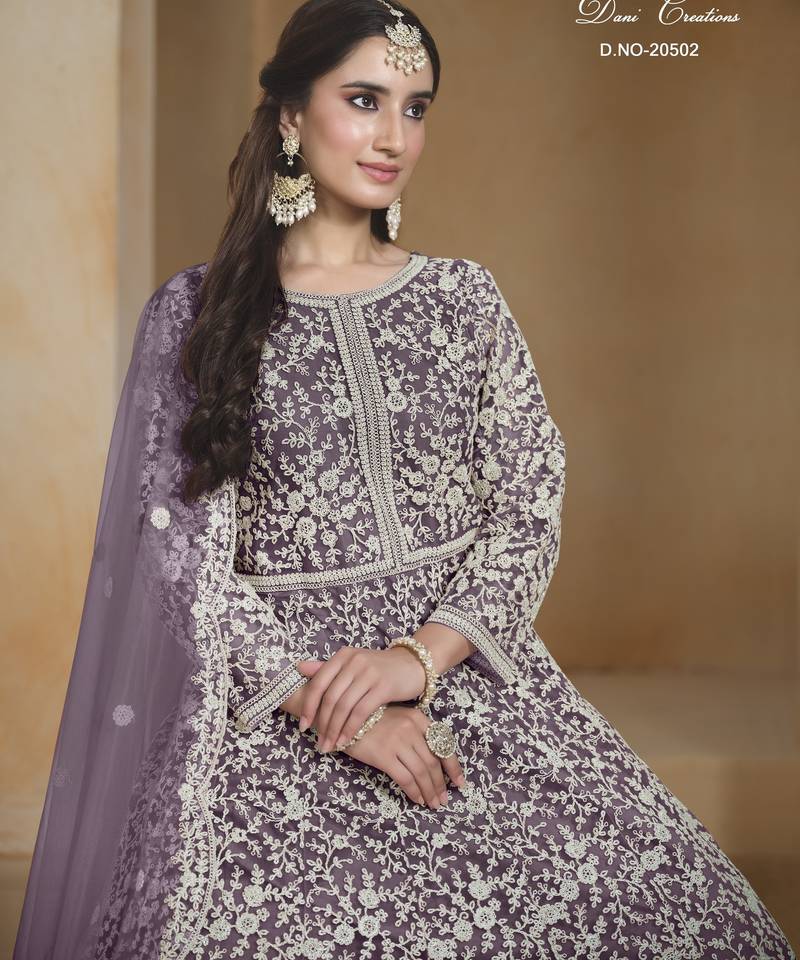 LAVENDER COLOR CORDING WORK HEAVY NET SEMI STICHED DESIGNER GOWN 