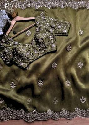 Mehndi Green Color embroidery sequence work chiffon Saree 1
