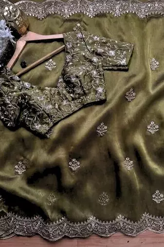 Mehndi Green Color embroidery sequence work chiffon Saree