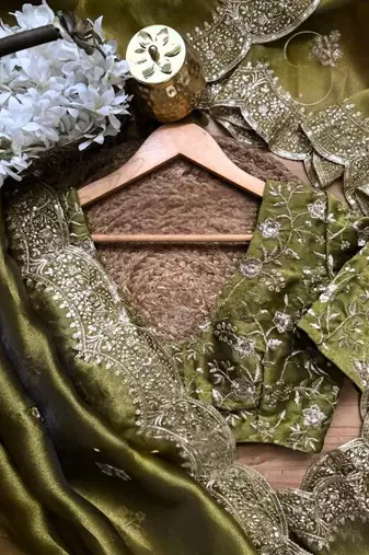 Mehndi Green Color embroidery sequence work chiffon Saree