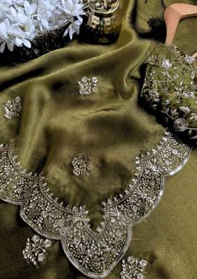 Mehndi Green Color embroidery sequence work chiffon Saree 3