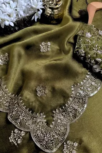 Mehndi Green Color embroidery sequence work chiffon Saree