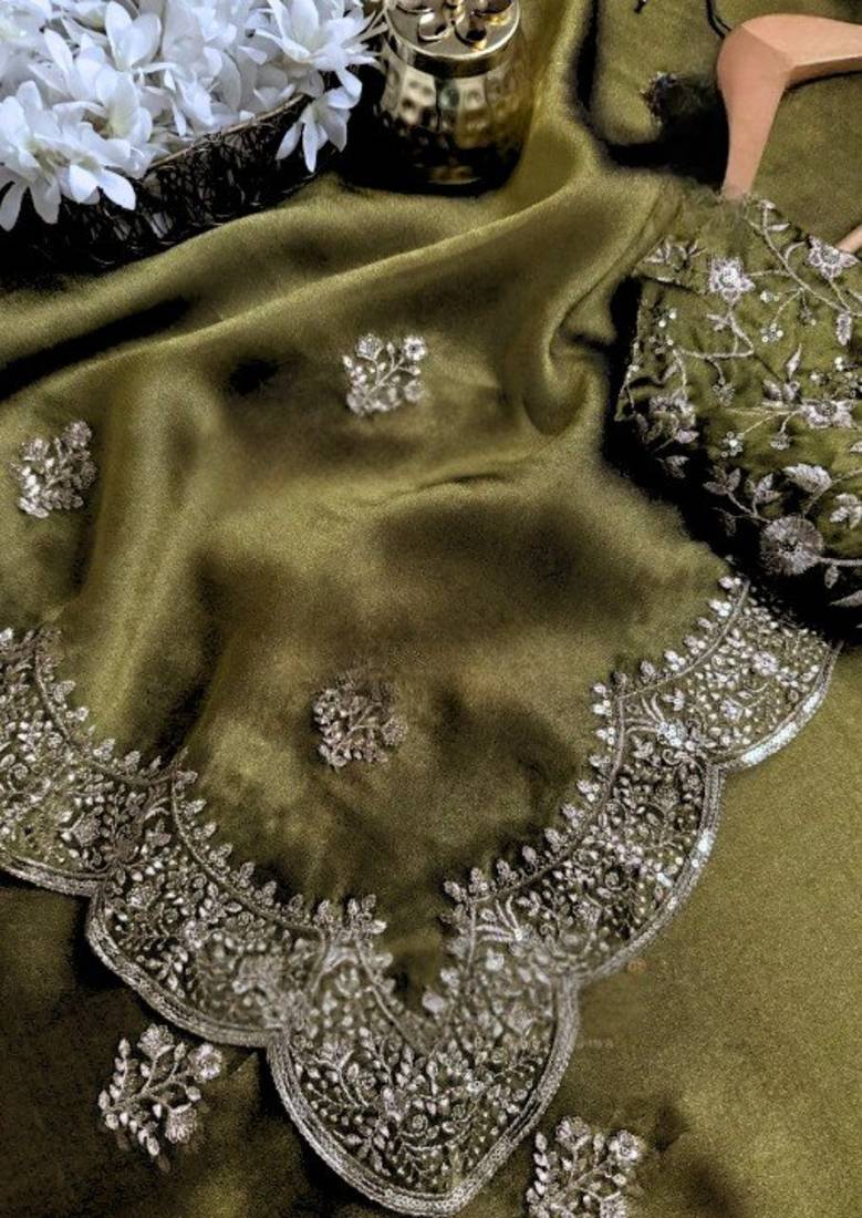 Mehndi Green Color embroidery sequence work chiffon Saree
