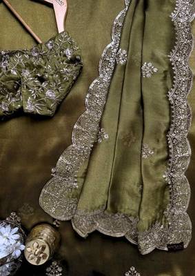 Mehndi Green Color embroidery sequence work chiffon Saree 4