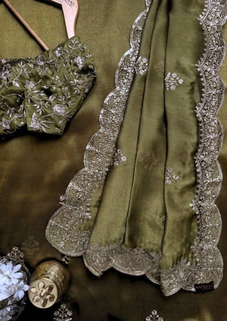 Mehndi Green Color embroidery sequence work chiffon Saree