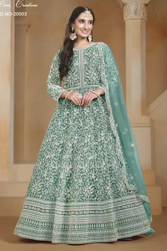 TEALCOLOR CORDING WORK HEAVY NET SEMI STICHED DESIGNER GOWN 