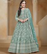 TEALCOLOR CORDING WORK HEAVY NET SEMI STICHED DESIGNER GOWN 