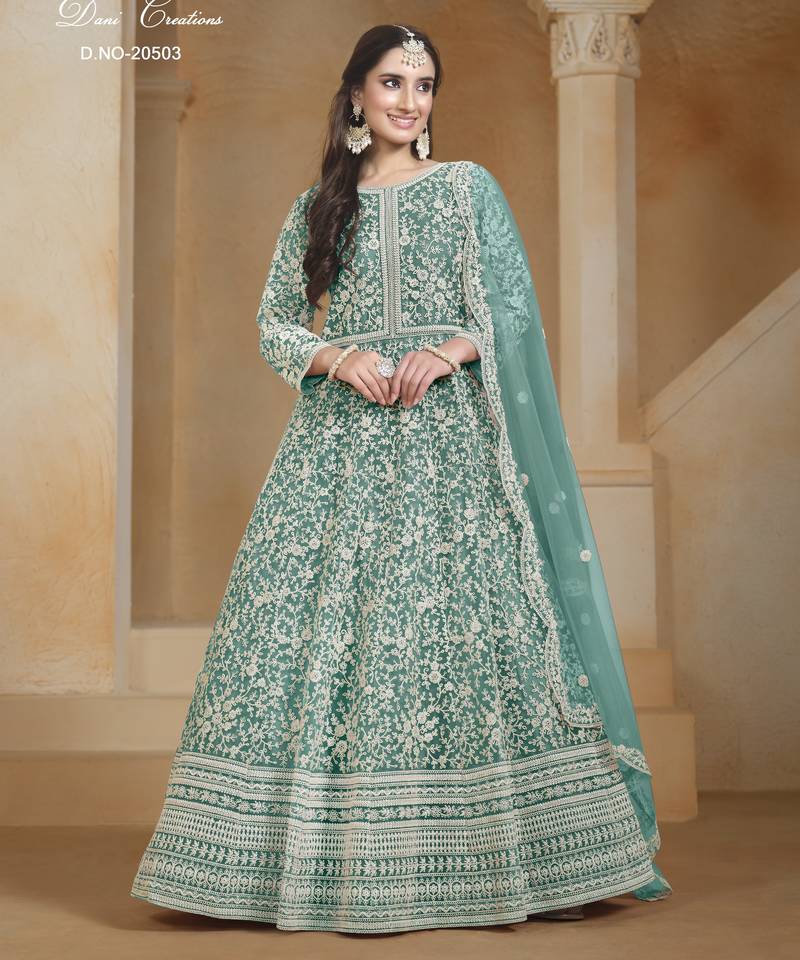 TEALCOLOR CORDING WORK HEAVY NET SEMI STICHED DESIGNER GOWN 